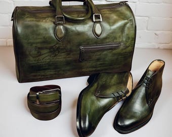 Men’s Green Patina Chukka Boots  Handmade Leather Ankle Boots Dress Shoes