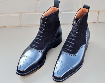 Men’s Blue Leather Dress Boots Cap Toe Brogue Oxford Ankle Boots