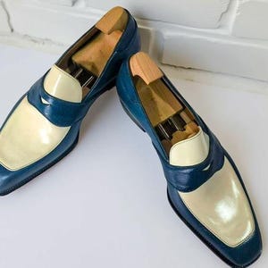 Men’s Blue And White Leather Loafers Handmade Two Tone Slip On Dress Shoes