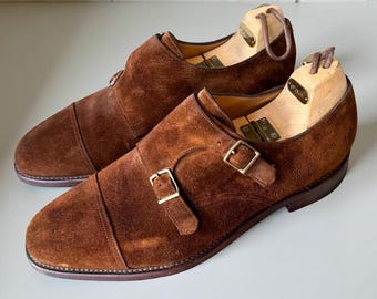 Handgefertigte braune Wildleder Doppel Monk Strap Schuhe: Formelle Echtleder Schuhe