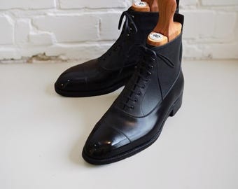 Botines de cuero negro con puntera y cordones para hombre, botas formales hechas a mano