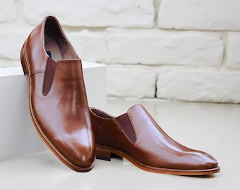 Handmade Brown Leather Slip-On Loafers: Men's Formal Dress Shoes