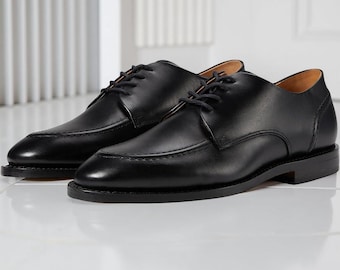 Zapatos Derby de cuero negro para hombre, zapatos de vestir formales con cordones hechos a mano.