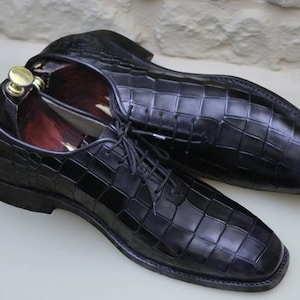 Men’s Black Crocodile Embossed Leather Oxford Shoes  Handmade Lace-Up Dress Shoes Elegant Formal Footwear