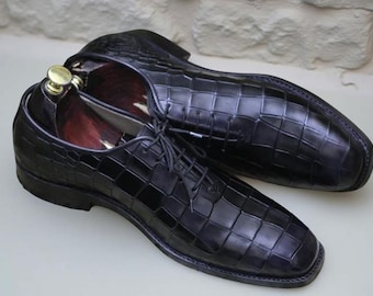 Zapatos Oxford negros de piel con relieve de cocodrilo para hombre, zapatos de vestir con cordones hechos a mano, calzado formal elegante.