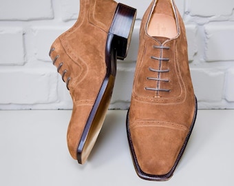 Men's Handmade Brown Suede Leather Cap Toe Shoes: Formal Footwear