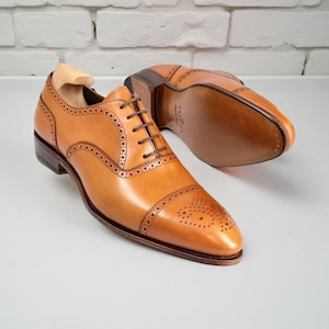 Men’s Handmade Oxford Brogue Cap Toe dress Shoes Wedding Shoes for Men Luxury Office Footwear, Handmade Leather Shoes