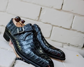 Men’s Black Crocodile Monk Strap Shoes Handmade Leather Dress Shoes