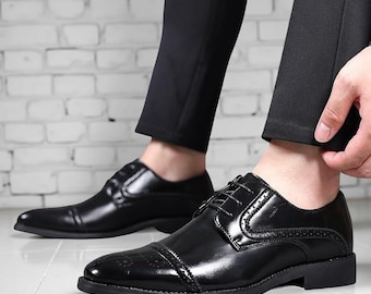 Men's Handmade Black Leather Derby Wingtip Brogue Shoes