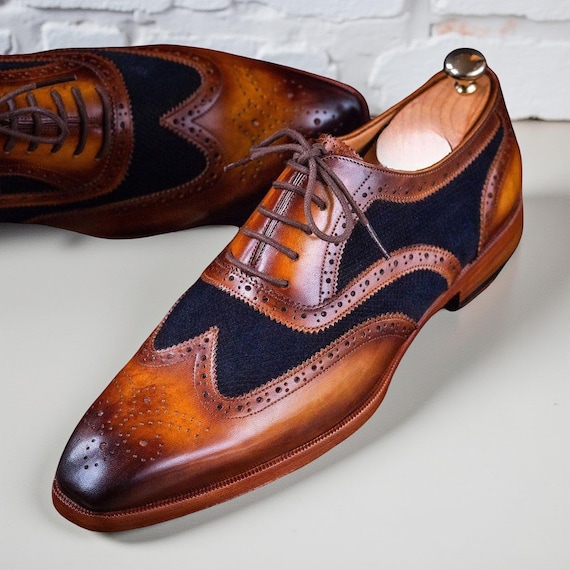 Two Tone Brown Oxford Brogues Men Handmade Leather And Suede Dress Shoes