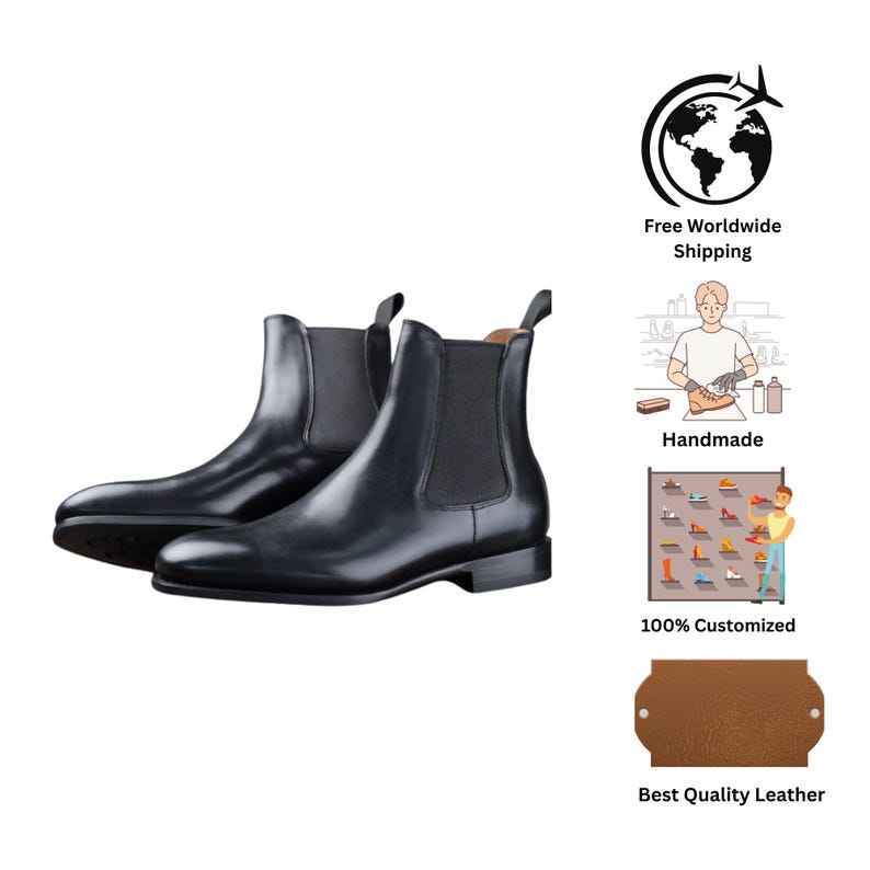 May include: A pair of black leather Chelsea boots. The boots have a sleek, polished appearance with elastic side panels and pull tabs. The image also includes icons for worldwide shipping, handmade, 100% customized, and best quality leather.