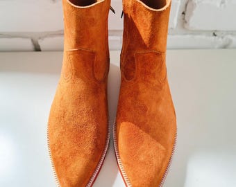 Handmade Men's Suede Chelsea Boots Pointed Toe Western Style Boots