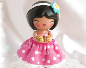 Handmade Clay Little Girl Butterfly Cake Topper Keepsake,Pink and white polka dotted Dress on a Unique Sweet Clay  Doll, Ready To Ship Today