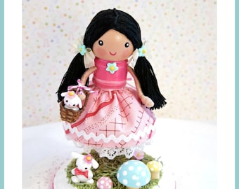Girl 1st Birthday Cake Topper, Garden Party,  Happy Birthday Cake Topper, Birthday Cake Decorations, Clothespin Doll, Little Girl,  Clay