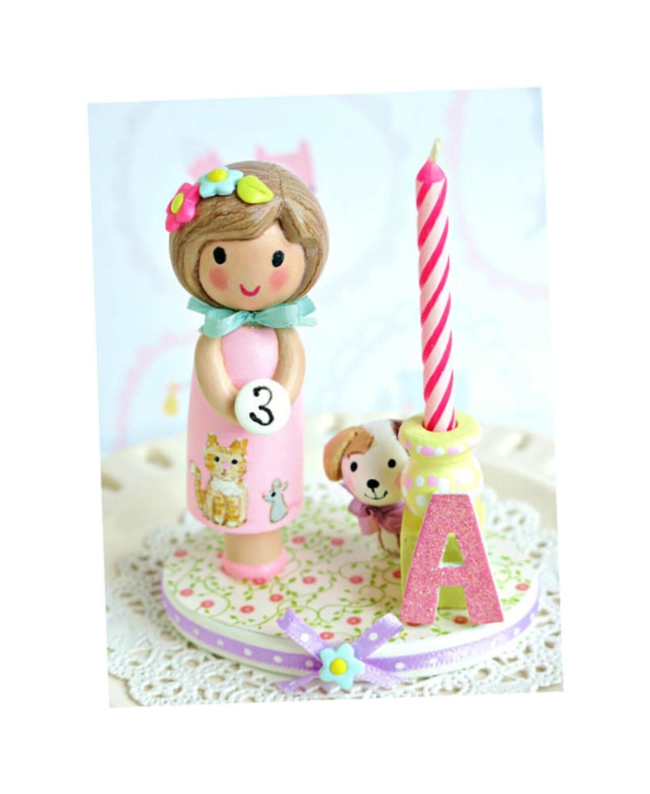 Birthday Candle, First Birthday Girl , Finger Puppet Cake Topper, Little Girl Party, Girl Gift, Second Birthday, 3rd Birthday, 4th Birthday