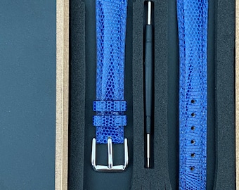 Blue Lizard Leather Watch Strap, Hand-Stitched Calfskin Lined, Custom Sizes Available...