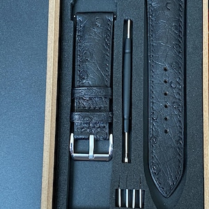 Black Ostrich Leather Watch Strap, Handmade Leather Watch band,personal watch strap, Custom all size 24mm 23mm 22mm 21mm 19mm 18mm.