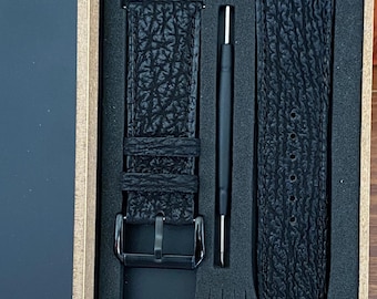 Black Shark Leather Watch Strap, Hand-Stitched Calfskin Lined, Custom Sizes Available...