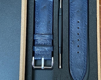 Navy Blue Ostrich Leather Watch Strap, Hand-Stitched Calfskin Lined Band...