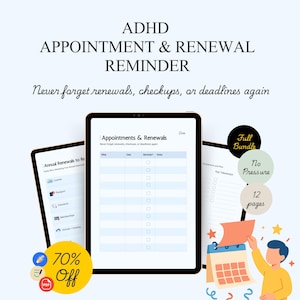 Puede incluir: Un producto digital de recordatorio de citas y renovaciones para el TDAH. La imagen muestra tres tabletas que muestran las características del producto, incluyendo un calendario, una lista de verificación y una promoción "70% de descuento". El texto incluye "Nunca más olvides renovaciones, revisiones o plazos."