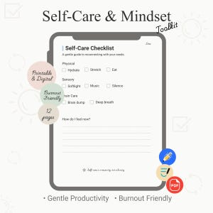 Op de afbeelding: Een digitale zelfzorgchecklist met de tekst "Self-Care Checklist" en "A gentle guide to reconnecting with your needs." De checklist bevat secties voor fysieke en sensorische behoeften. De afbeelding bevat ook de tekst "Printable & Digital" en "Burnout Friendly."