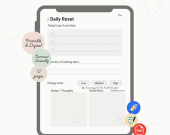 Pianificatore di ripristino giornaliero per l'ADHD, Brain Dump, Focus Sheet (PDF)