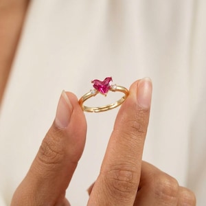 Ruby Heart Ring, Exquisitely Diamond-Set Ring, Gold Stackable Ring, Birthday Gift, Romantic Jewelry Gift