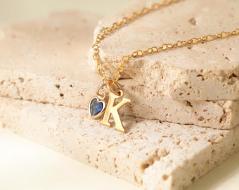 Custom Heart Birthstone Initial Necklace, Gold Letter Pendant Jewelry