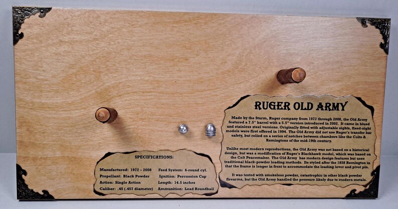 May include: Wooden display featuring a Ruger Old Army firearm. The display includes text with specifications, a description, and two lead roundballs. The firearm's barrel length is 14.5 inches.