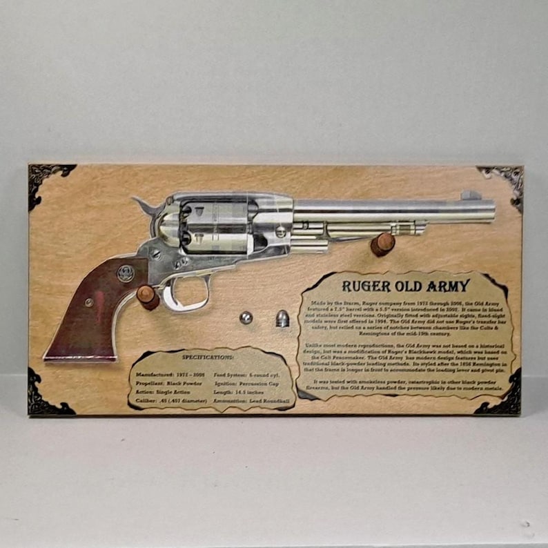 May include: A detailed display of a Ruger Old Army revolver mounted on a wooden plaque. The revolver is silver with a brown grip. The plaque includes specifications and text about the firearm. The barrel length is 14.5 inches.