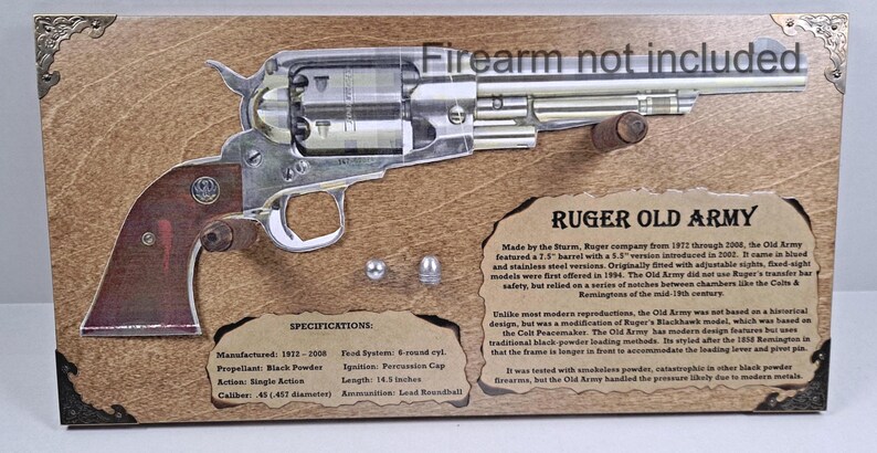 May include: A wooden plaque featuring a detailed illustration of a Ruger Old Army revolver. The silver-colored firearm is mounted on a brown background with text that reads "Firearm not included." The gun's length is 14.3 inches.