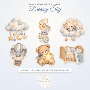 Op de afbeelding: Aquarel clipart set getiteld Dreamy Sky met een wolkenmobiel, een beer op een maansikkel, een lammetje op een wolk, een heteluchtballon, een beer met een ster en een wiegje. Bevat 30 PNG-bestanden met een transparante achtergrond.