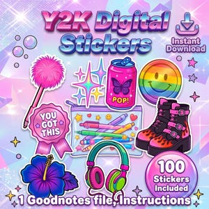 以下が含まれることがあります： 鮮やかな色彩のY2Kデジタルステッカーのコレクション。ピンクのペン、蝶の描かれたソーダ缶、虹色のスマイリーフェイス、プラットフォームブーツ、その他様々なステッカーが含まれています。「Y2K Digital Stickers」と書かれています。