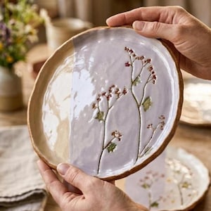 Decorative Ceramic Plate Botanical Wall Decor Organic Catchall Tray Handmade Pottery Home Decor Pressed Flower Plate Rustic Centerpiece