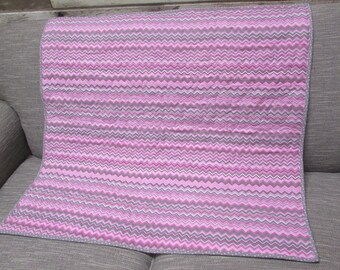 Pink and Gray Zig Zag Flannel and Minky Baby Quilt... Free Shipping