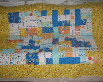 Pieced and Quilted Baby Quilt Ocean (fish) Theme.. Free Shipping