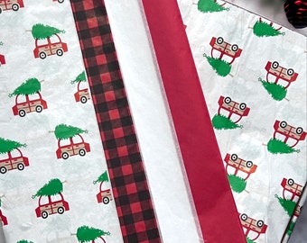 60 Christmas tissue paper sheets Tree Car Buffalo Plaid gift present wrapping craft supply packaging holiday red white green black bulk