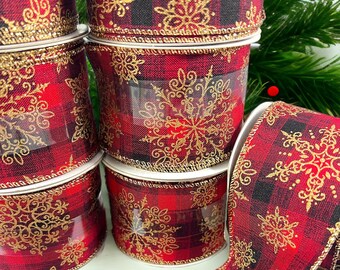 Buffalo Plaid Gold Snowflake Ribbon 2.5 inch x 25 feet 8 plus yards Wired Wire Christmas Holiday Red Black Gift Box Wreath Garland Bows Bulk