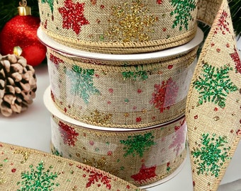 Snowflake Ribbon 1.5 inch Wide Wired Holiday Green Red Gold Snowflakes Kraft Brown Bows Bulk 1.5" Glitter Print Christmas Cottage 8.33 yards