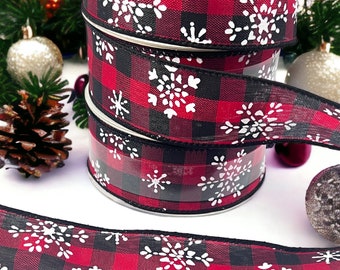 Snowflake Plaid Ribbon 1.5 inch Wide Wired Holiday Black Red White Buffalo Snowflakes Bulk 1.5" Print Christmas Wire Fancy Supply 10 yards