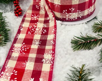 Plaid White Snowflake Ribbon 2.5 inch x 25 feet 8 plus yards Wired Christmas Holiday Red Cream Natural Gift Box Wreath Garland Bows Bulk