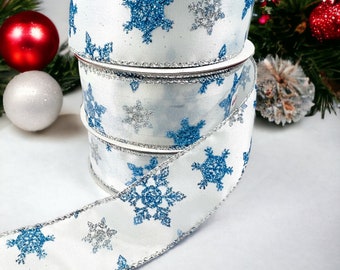 Snowflake Ribbon 1.5 inch Wide Wired Holiday Blue Silver Snowflakes Bows 1.5" Glitter Print Christmas Winter Season Wire Supplies 10 yards