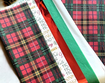 50 Christmas tissue paper sheets Red Metallic Plaid Peace Ho Ho Ho Deck the Halls gift wrapping packaging holiday white green bulk boxes bag