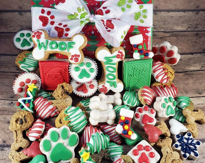 Christmas Dog Treat Tin Wheat Free Bones Glitter Paw Print Tree ...