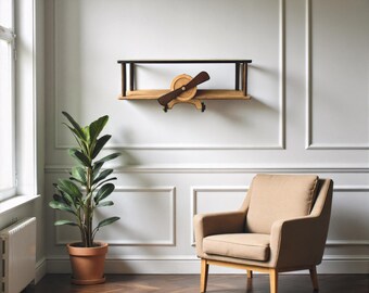 Industrial airplane wooden book shelf, floating plant shelf, handmade living room furniture, Christmas reader gift, 40th uncle birthday gift