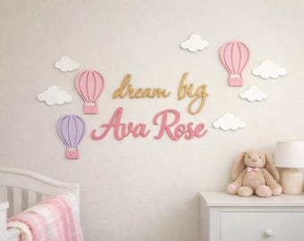 Personalized Nursery Name Sign with Balloons – Custom Wooden Baby Name Wall Decor, Dream Big Little One Quote, Boho Girl Nursery Room Sign