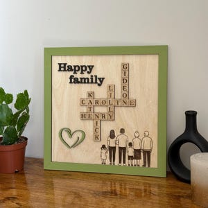 Tavola da Scrabble in legno con cornice in ulivo, tessere Scrabble personalizzate, targhetta con cognome, targhetta con nome di famiglia, cruciverba di famiglia, decorazioni per il soggiorno
