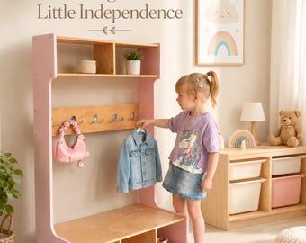 Armoire Montessori rose pour fille, espace de déguisement pour enfants, portant pour tout-petits avec banc, porte-manteau en bois, rangement pour chaussures
