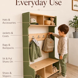May include: A light wood and olive green storage unit with a top shelf, a middle section with metal hooks, and a bottom bench with three open cubbies. Text labels indicate storage for hats, accessories, jackets, coats, bags, backpacks, and shoes.