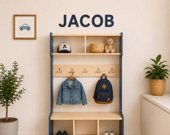 Personalized Kids Wardrobe, Montessori Clothing Rack with Name, Toddler Coat Rack, Custom Kids Entryway Organizer, Wooden Wardrobe